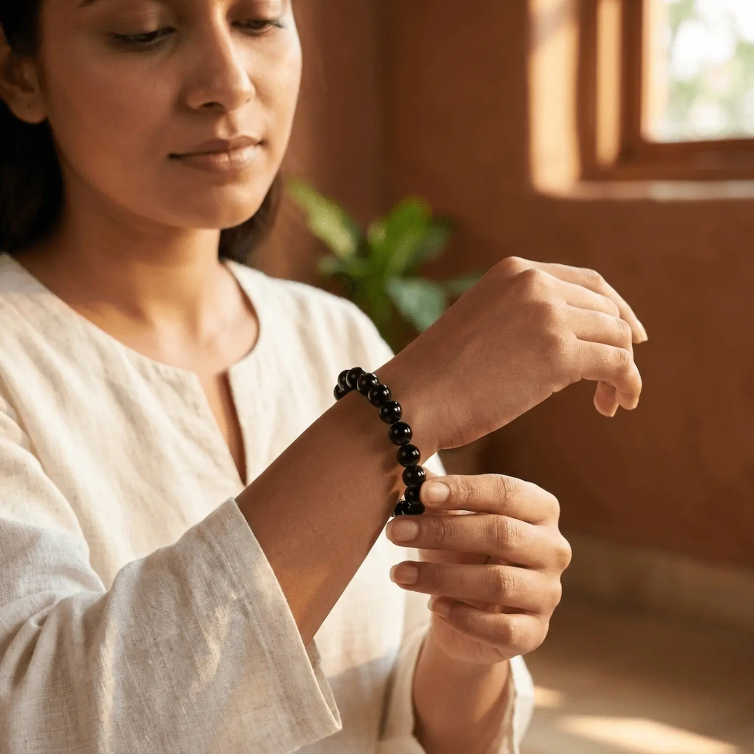 Woman wearing black tourmaline crystal bracelet in a warm indoor setting