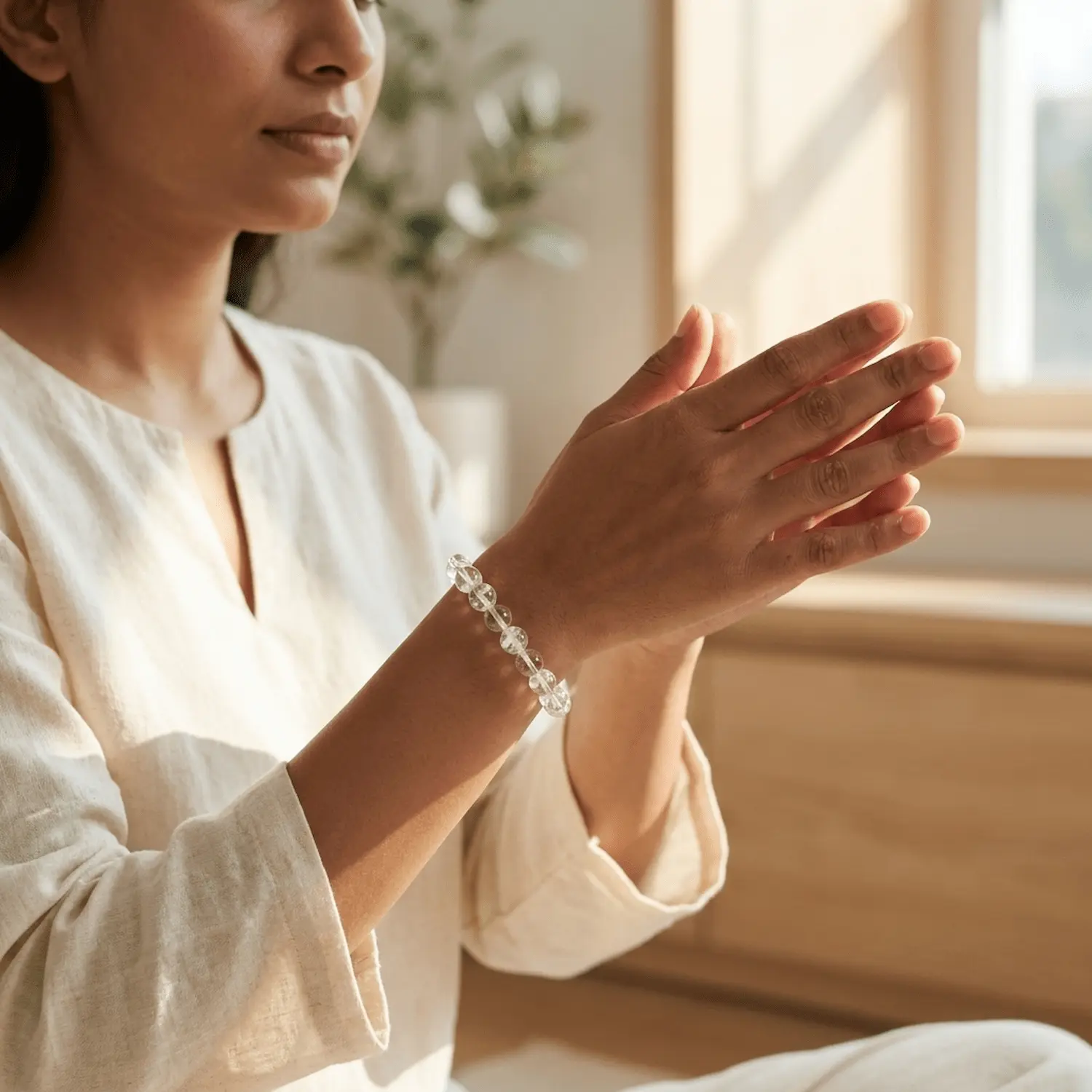 Woman wearing clear quartz bracelet 8mm during meditation and mindfulness