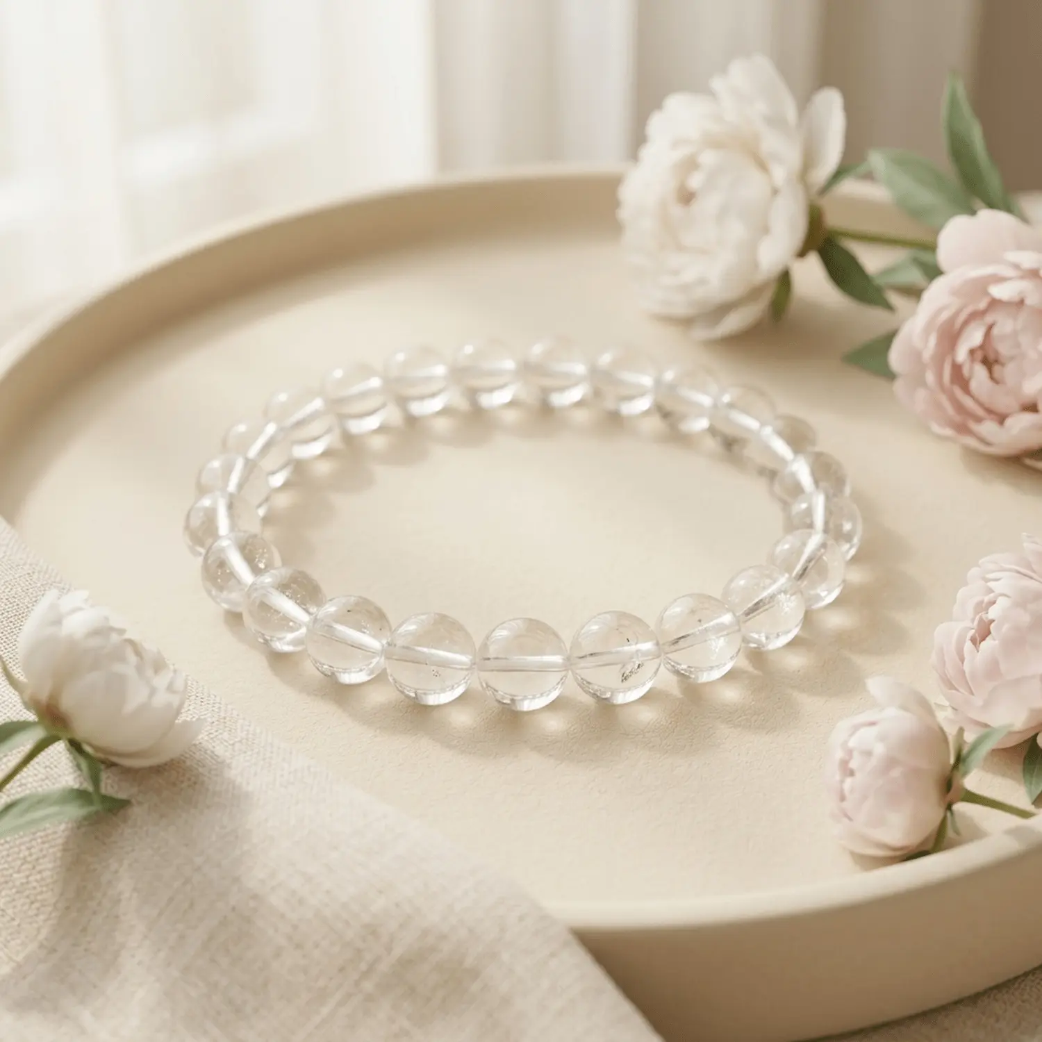 Clear quartz bracelet 8mm styled on neutral plate with soft floral aesthetics