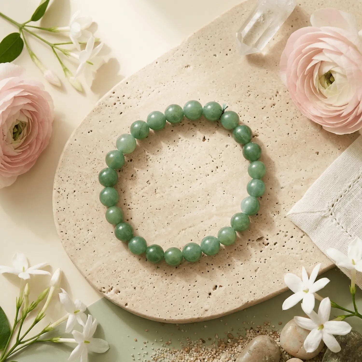Green aventurine bracelet styled with soft decor and natural elements