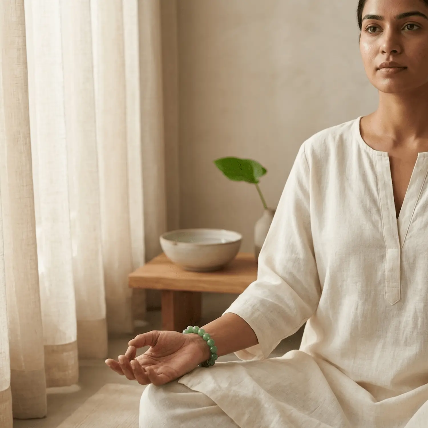 Woman wearing green aventurine bracelet during meditation