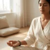 Woman meditating while wearing Hematite 8mm crystal bracelet in a calm neutral interior