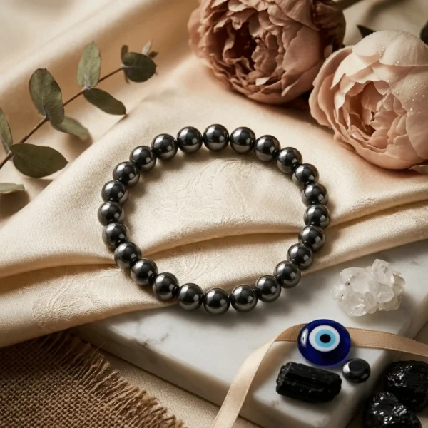 Hematite crystal bracelet 8mm styled with black tourmaline, evil eye charm and clear quartz crystals
