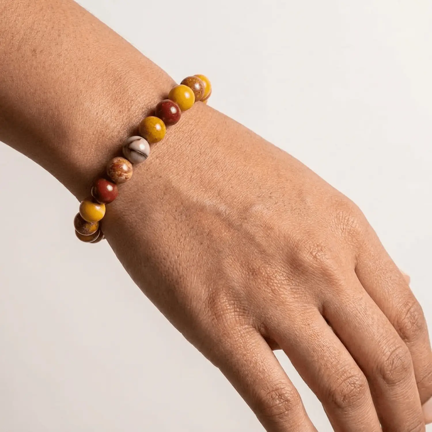 Mookaite Jasper 8mm bracelet wrist close-up