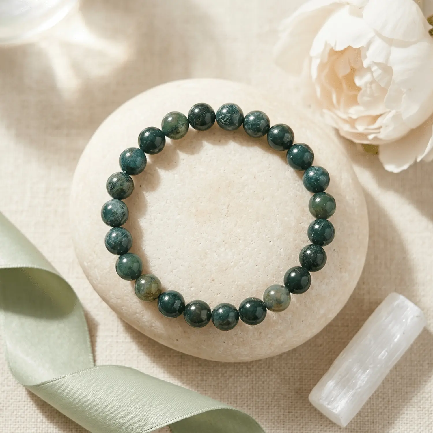 Moss Agate 8mm crystal bracelet styled with selenite and natural decor