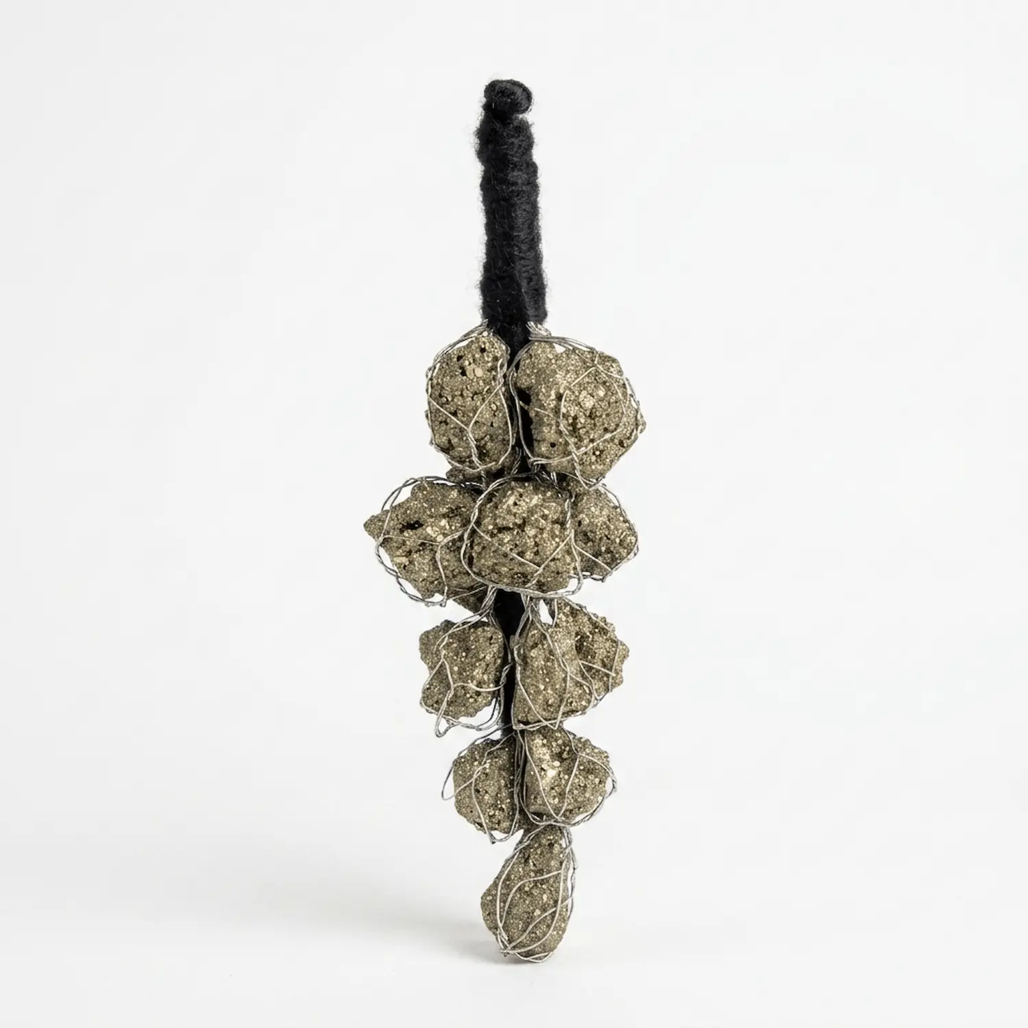Pyrite crystal hanger with natural pyrite stones wrapped in wire and black thread