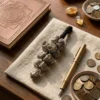 Pyrite crystal hanger styled with coins, a journal and fountain pen for prosperity-inspired decor