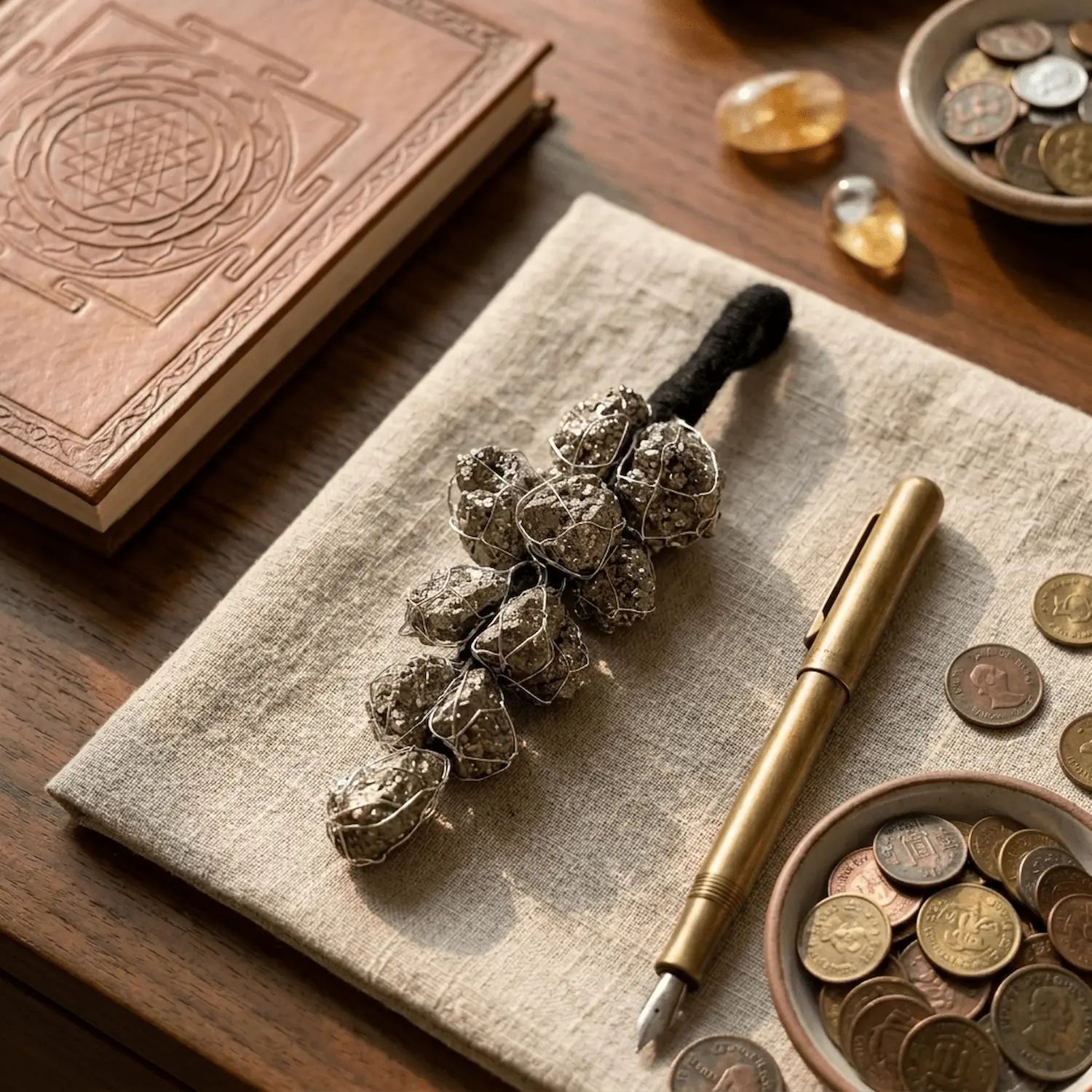 Pyrite crystal hanger styled with coins, a journal and fountain pen for prosperity-inspired decor