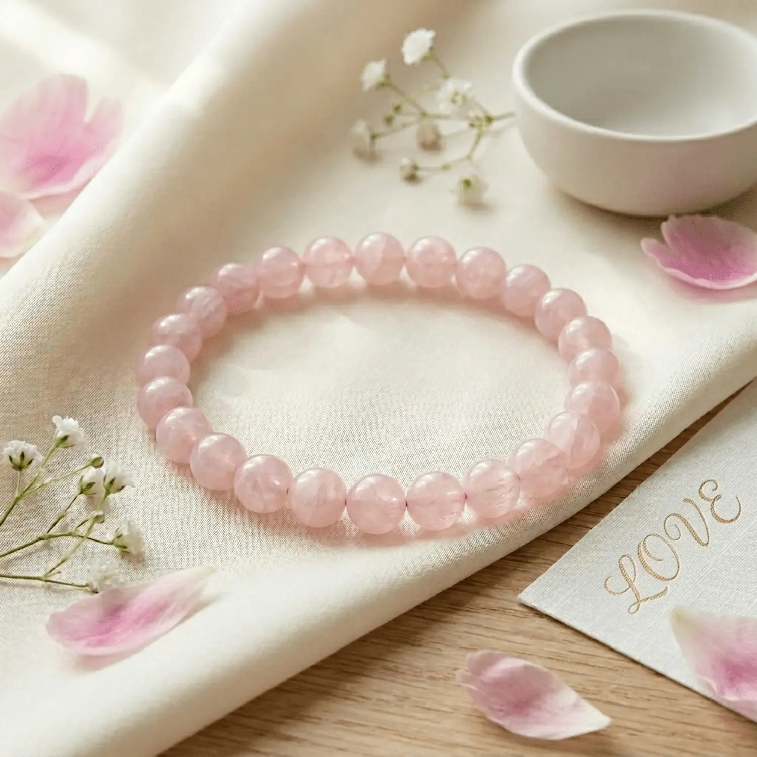 Rose Quartz crystal bracelet styled with pink petals and soft neutral decor for elegant feminine crystal photography