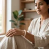 Woman wearing Rose Quartz crystal bracelet indoors with calming natural light symbolizing self love and emotional healing