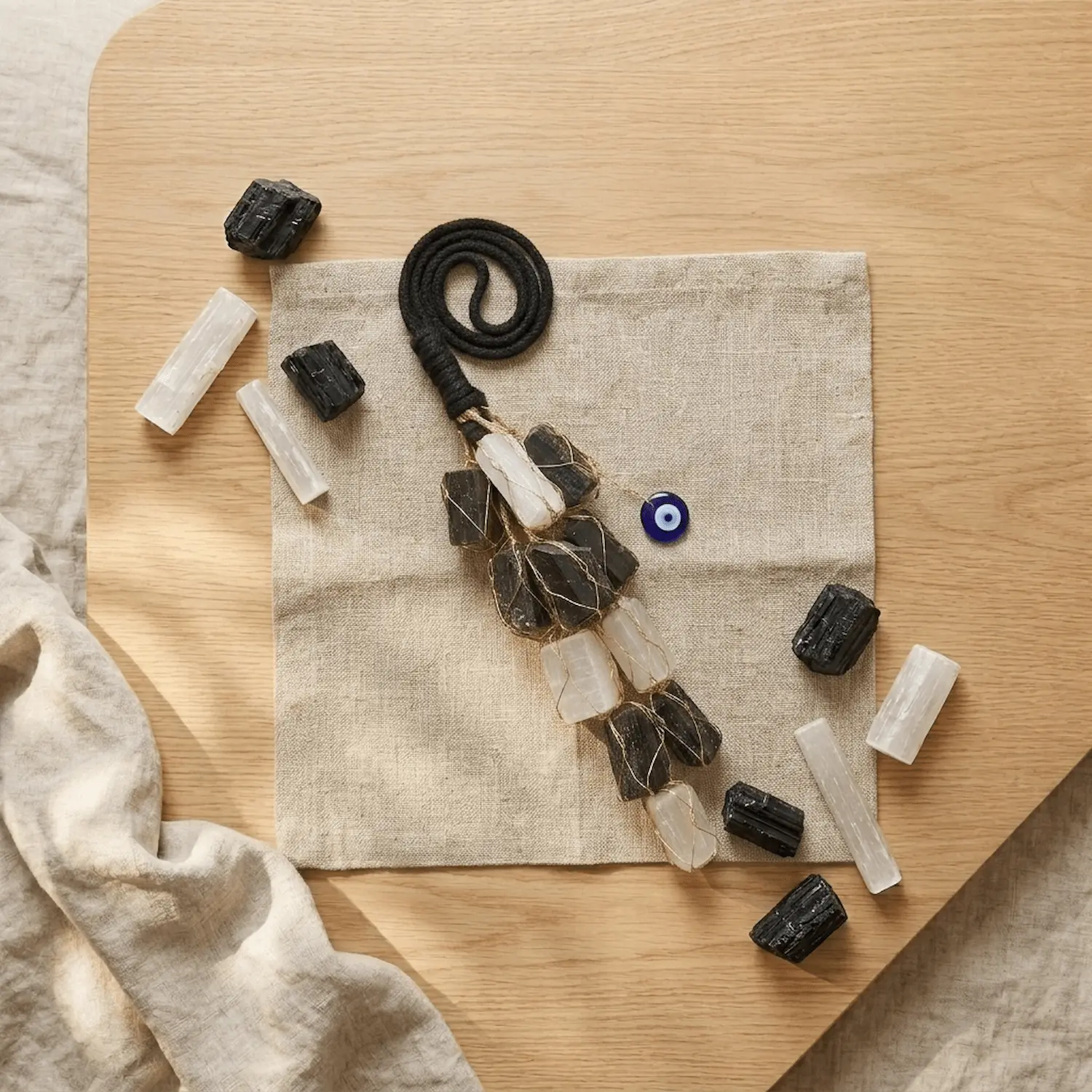 Selenite and Black Tourmaline crystal hanger styled with raw crystals and an evil eye charm