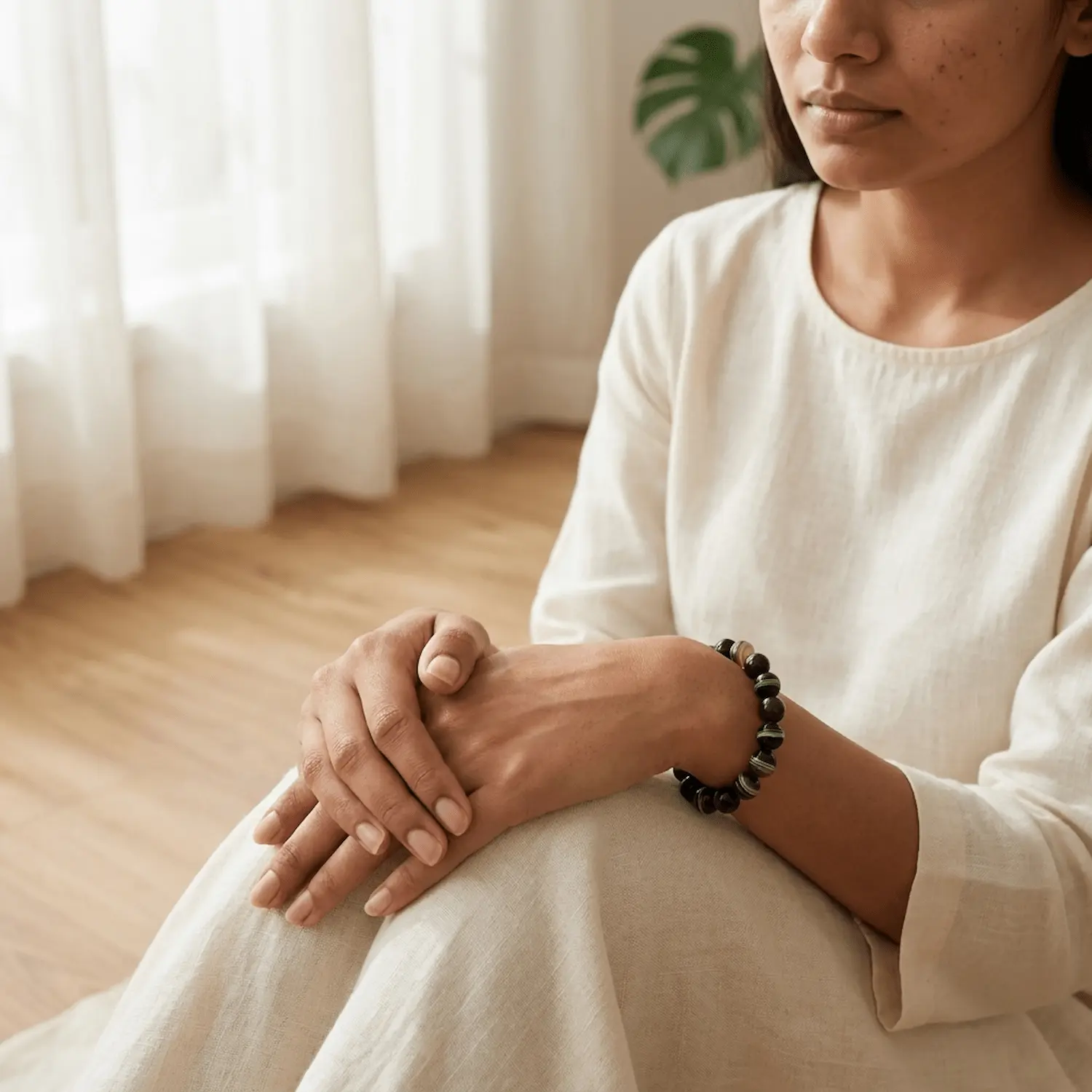 Woman wearing Suleimani Black Hakik crystal bracelet in a minimal indoor setting symbolizing grounding, protection and balance