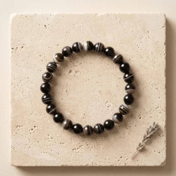 Suleimani Black Hakik crystal bracelet 8mm with polished striped black agate beads displayed on textured neutral background