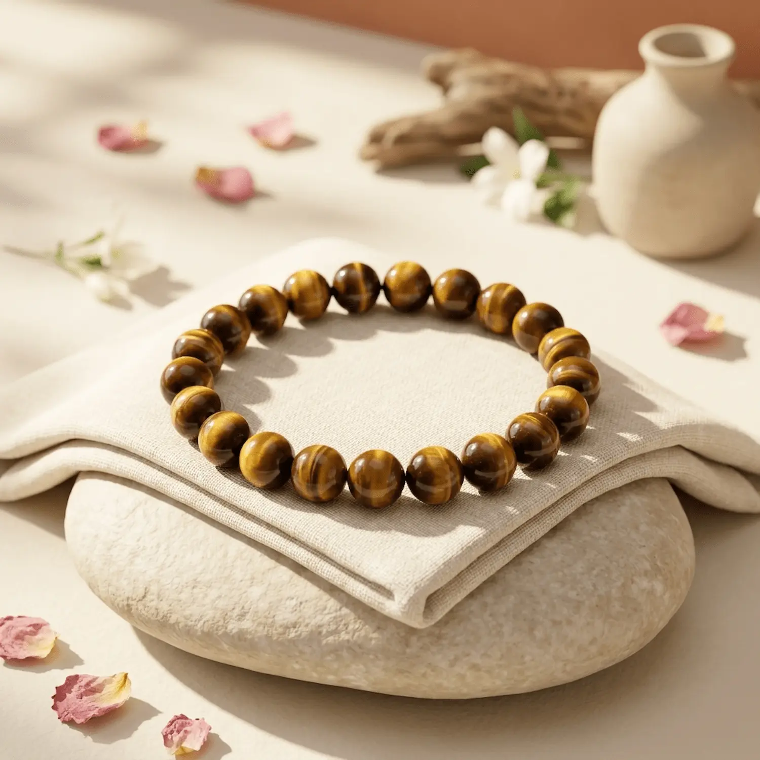 Tiger’s Eye crystal bracelet styled with soft neutral decor, petals and natural elements for an elegant aesthetic display