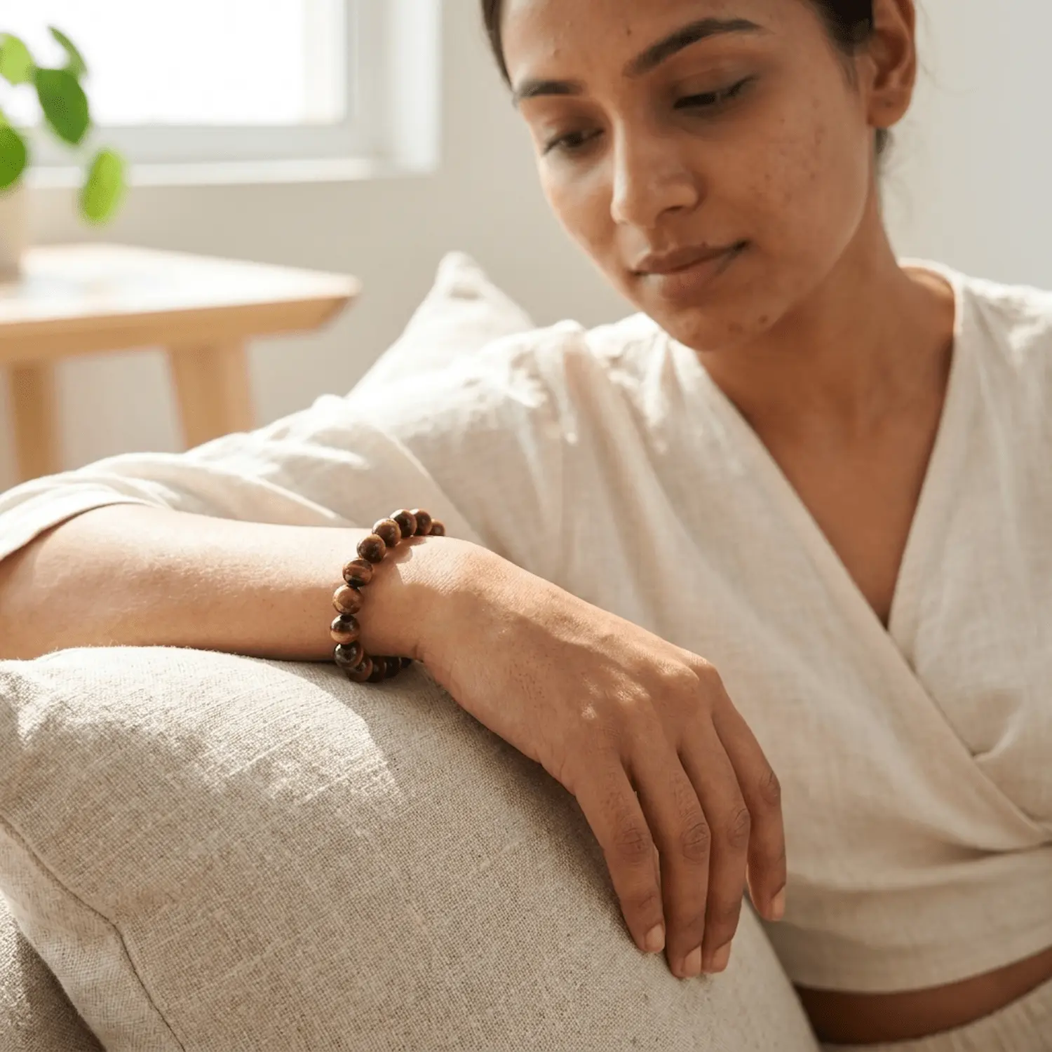 Woman wearing Tiger’s Eye crystal bracelet in a calm natural setting symbolizing confidence, grounding and protection