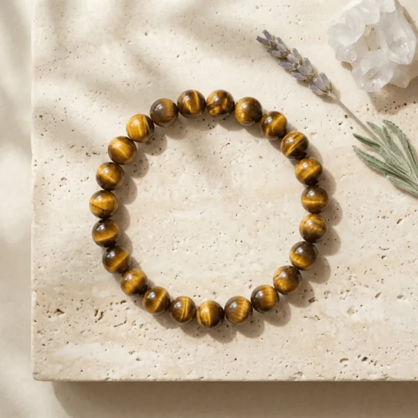 Tiger’s Eye crystal bracelet 8mm with polished golden brown gemstone beads displayed on textured beige stone background