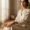 Woman wearing Triple Protection Combination crystal bracelet during meditation in a calm neutral indoor setting