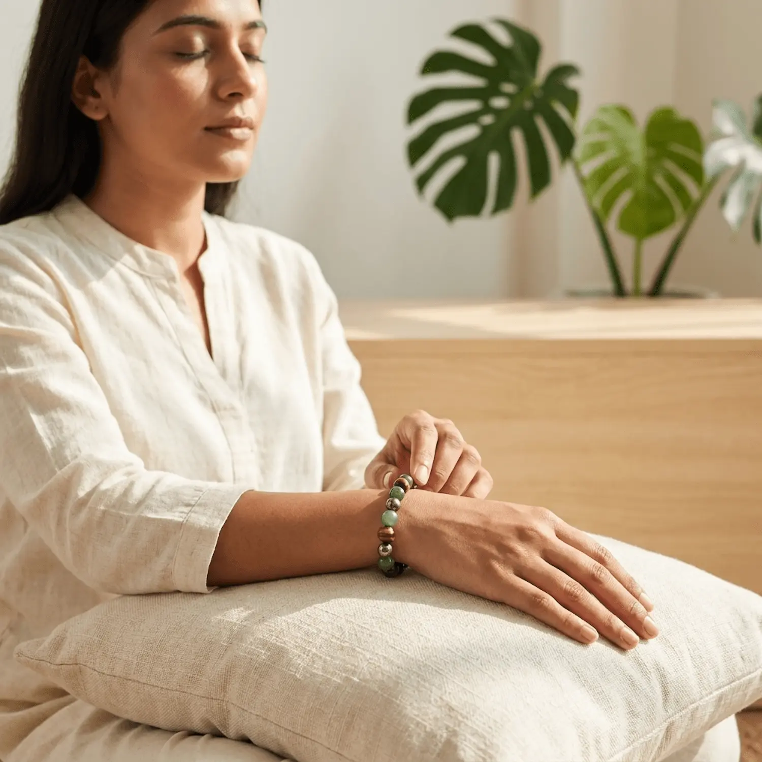 Woman meditating while wearing Wealth Combination crystal bracelet featuring Green Aventurine Tiger Eye and Pyrite gemstones
