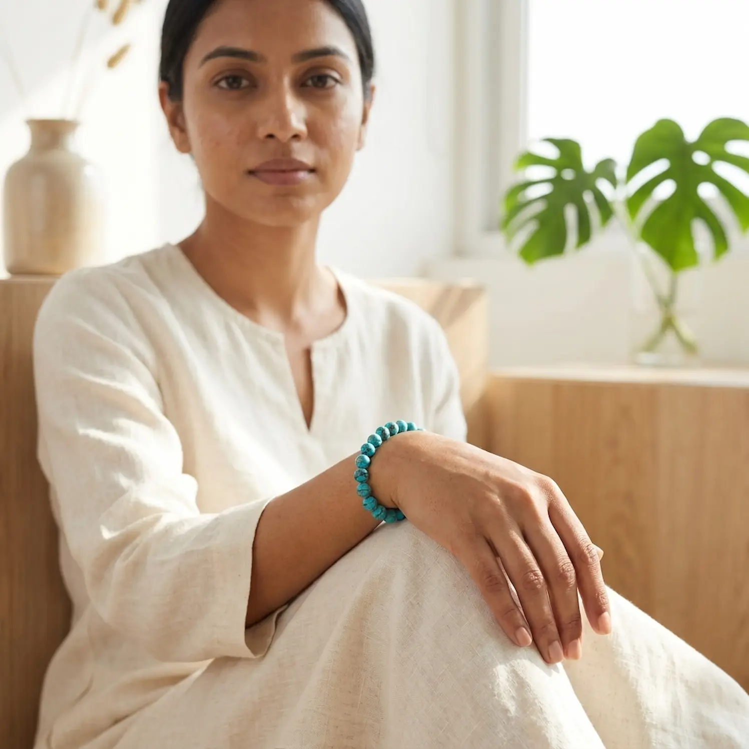 Woman wearing African turquoise crystal bracelet in a calm indoor setting