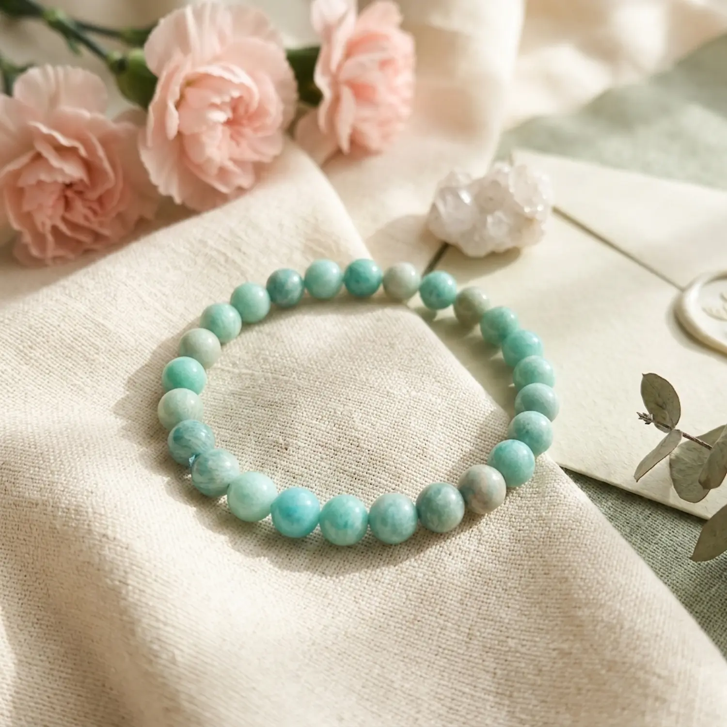 8mm Amazonite crystal bracelet styled with flowers and soft aesthetic elements