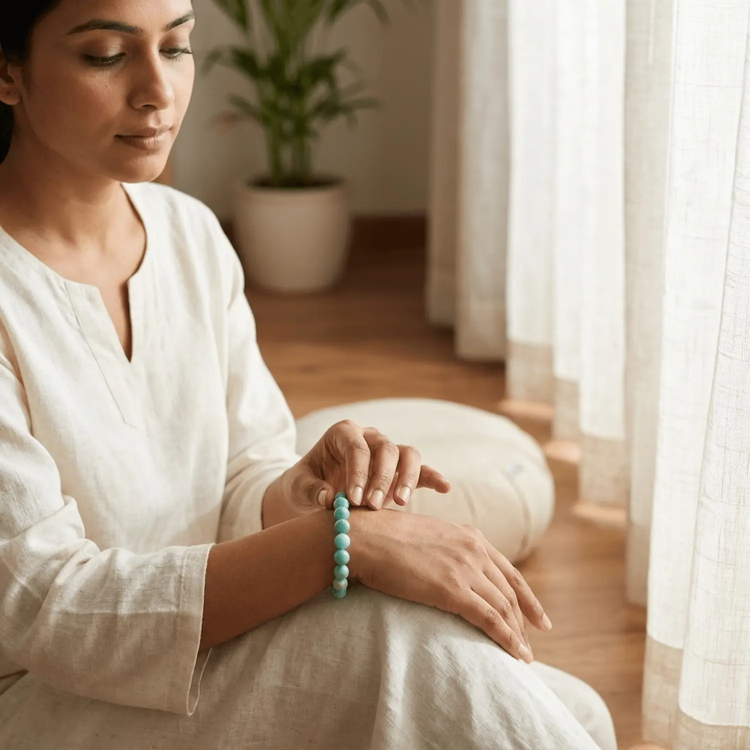 Woman wearing an 8mm amazonite crystal bracelet in a calm indoor setting