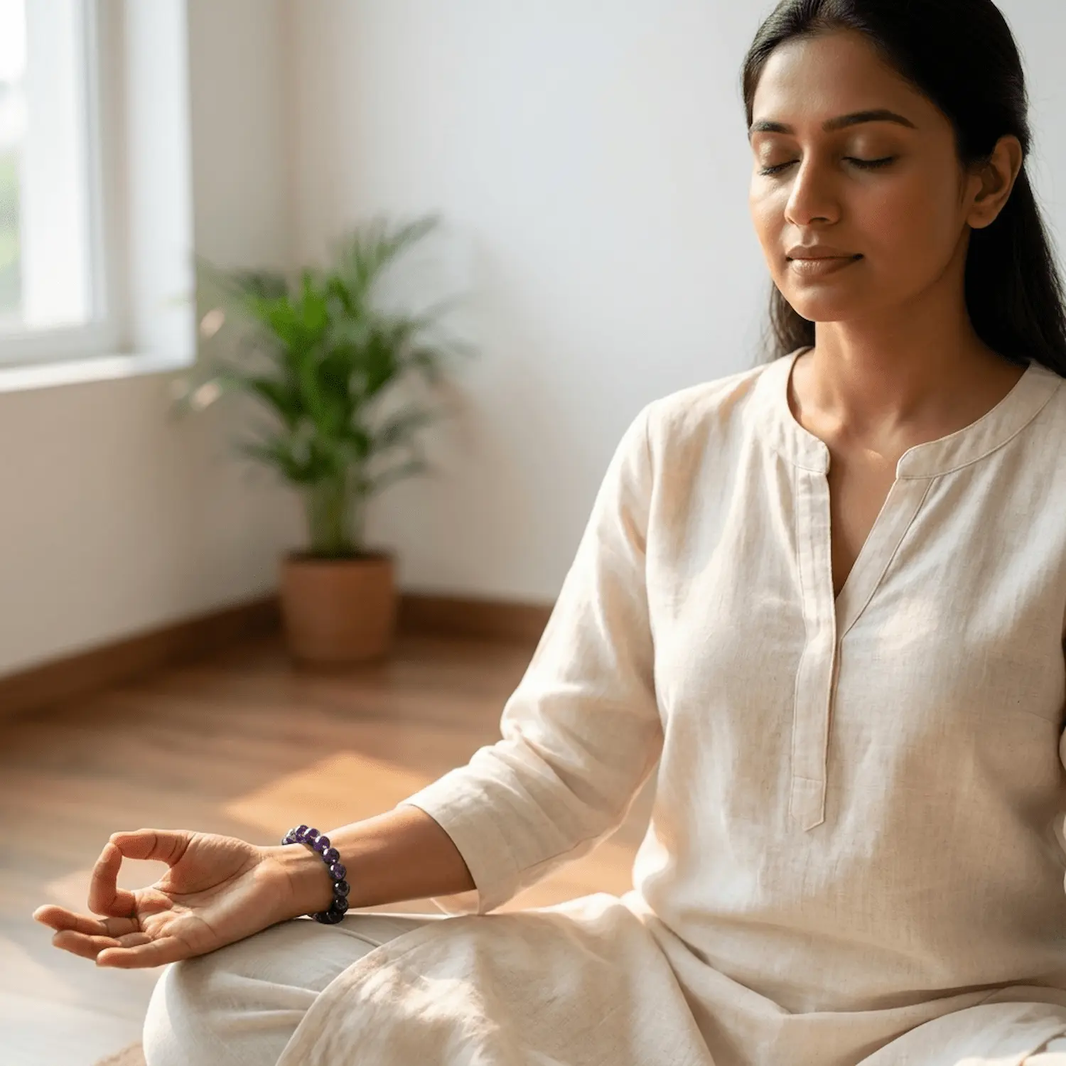 Woman wearing amethyst crystal bracelet while meditating indoors