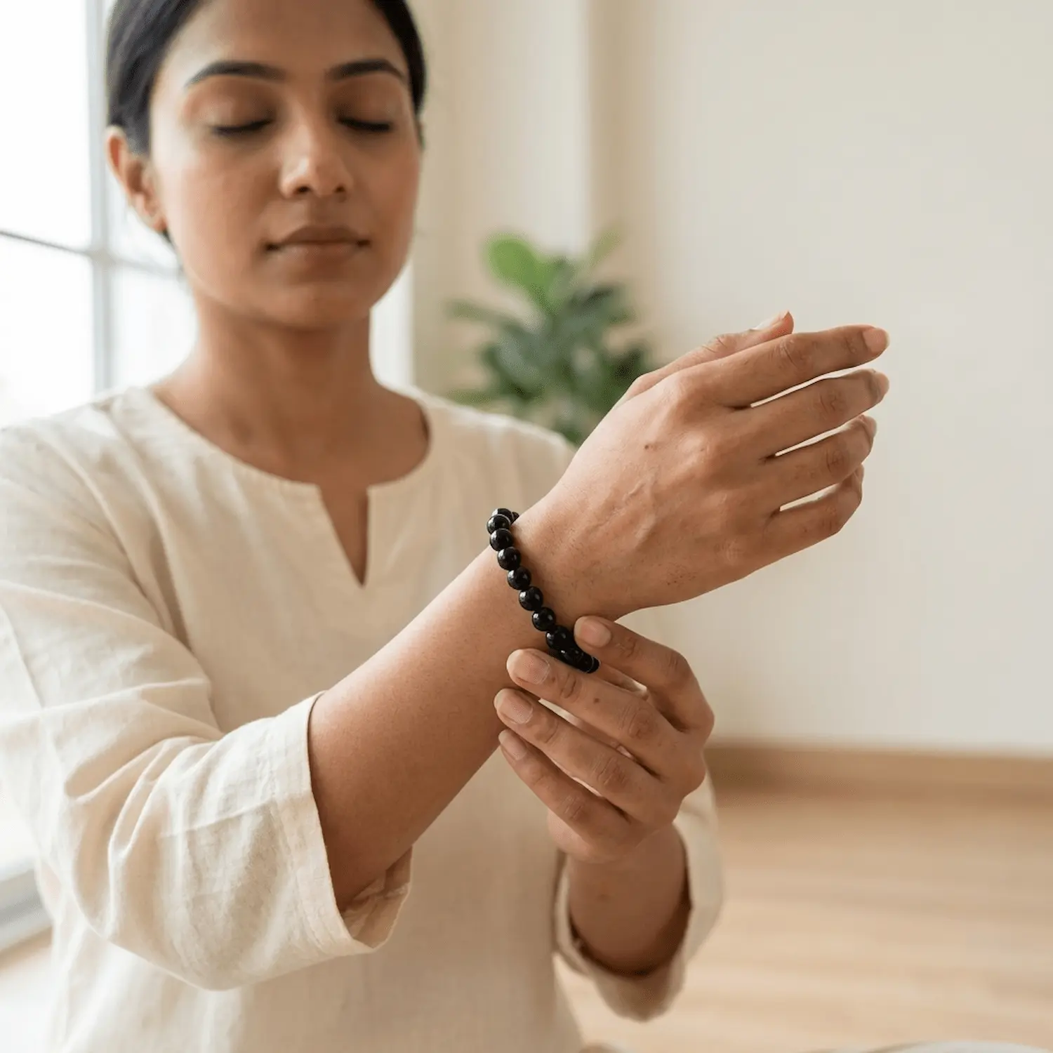 Woman wearing a 10mm black obsidian crystal bracelet in a calm indoor setting