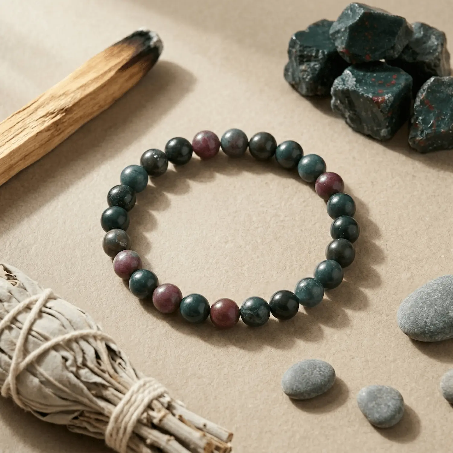 Bloodstone crystal bracelet with green and red natural beads styled with palo santo and raw stones