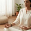 Woman wearing a 8mm bloodstone crystal bracelet during meditation in a calm indoor setting
