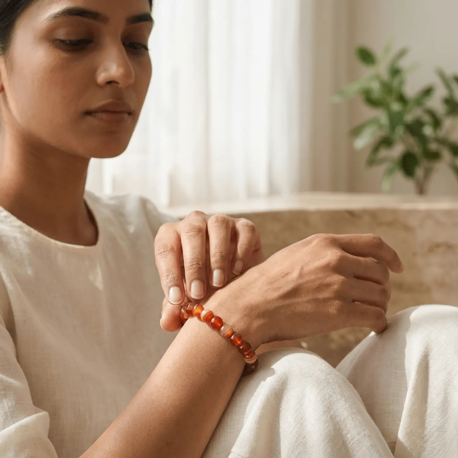 Woman wearing a 8mm carnelian crystal bracelet in a calm indoor setting