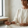 Woman wearing a 8mm golden obsidian crystal bracelet during meditation