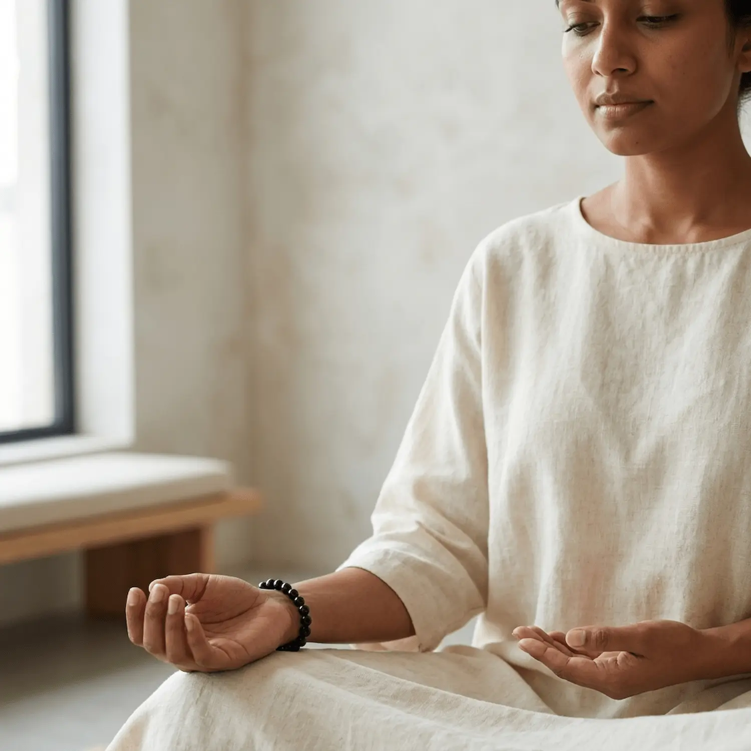 Woman wearing a 8mm golden obsidian crystal bracelet during meditation