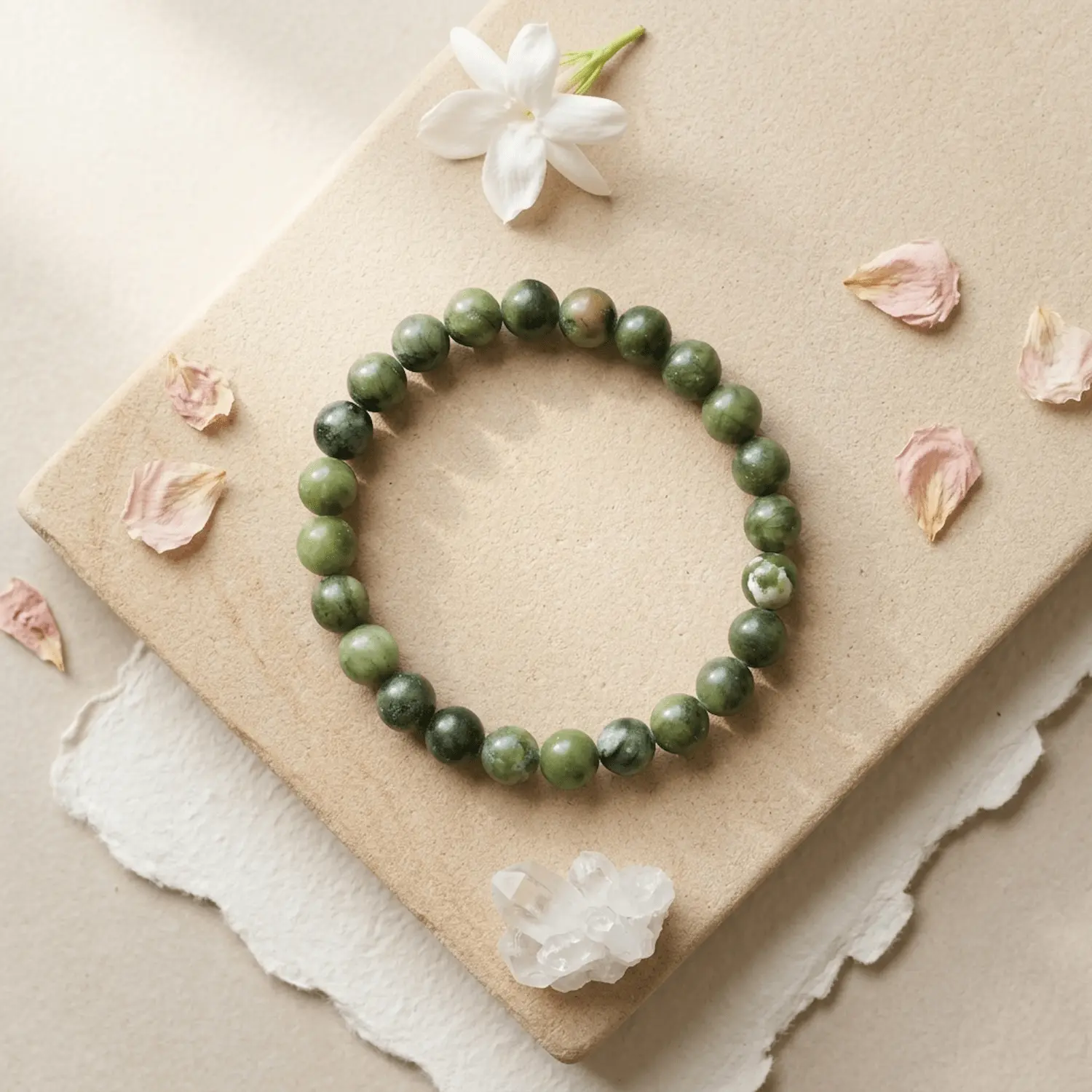 Green jade crystal bracelet 8mm styled with flowers, quartz crystal and soft decor