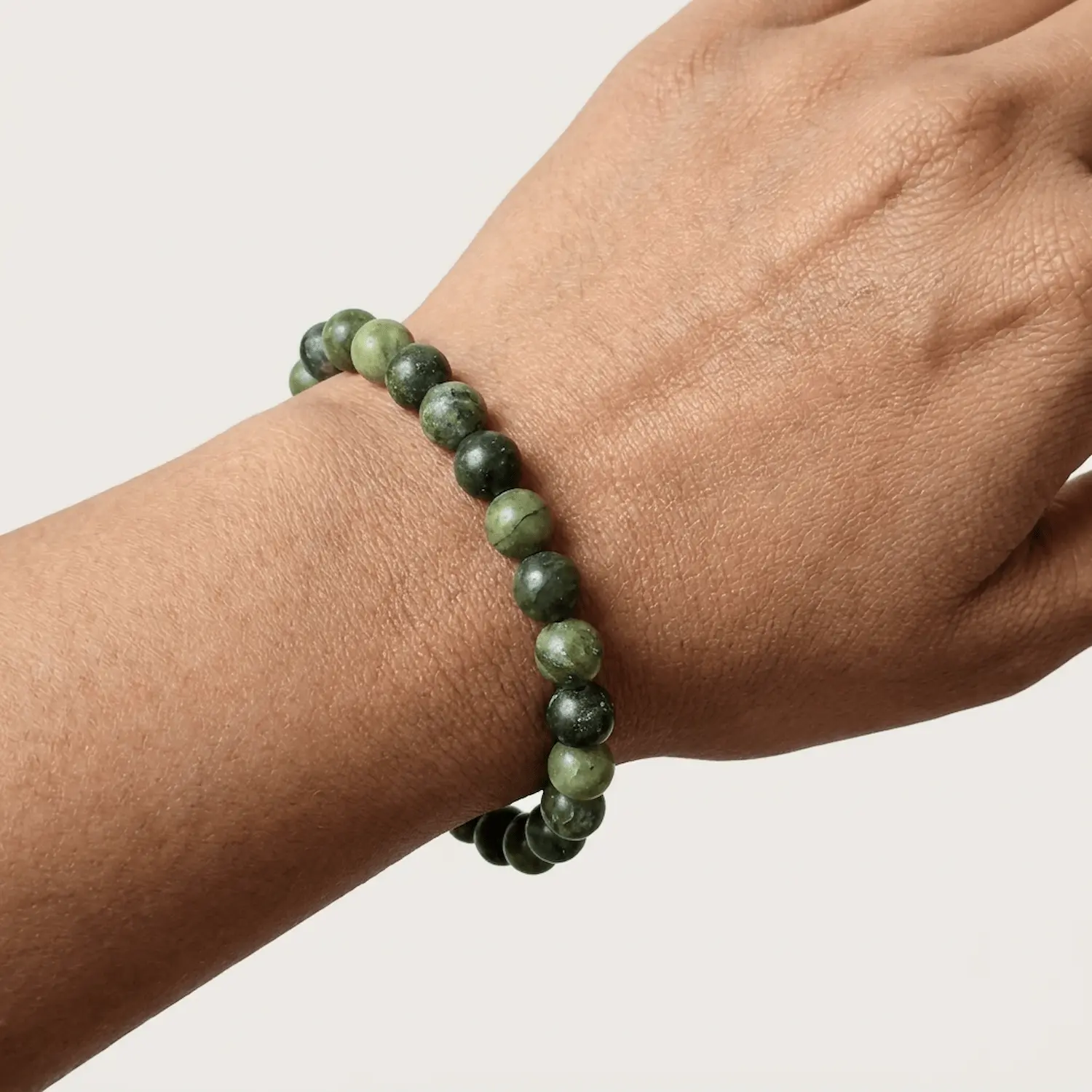 Green jade crystal bracelet 8mm worn on wrist showing bead size