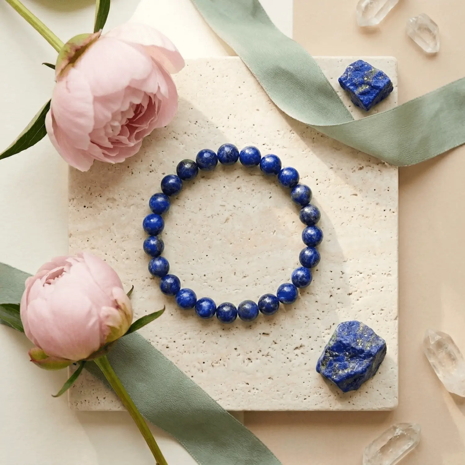 Lapis lazuli crystal bracelet 8mm styled with flowers and crystal decor