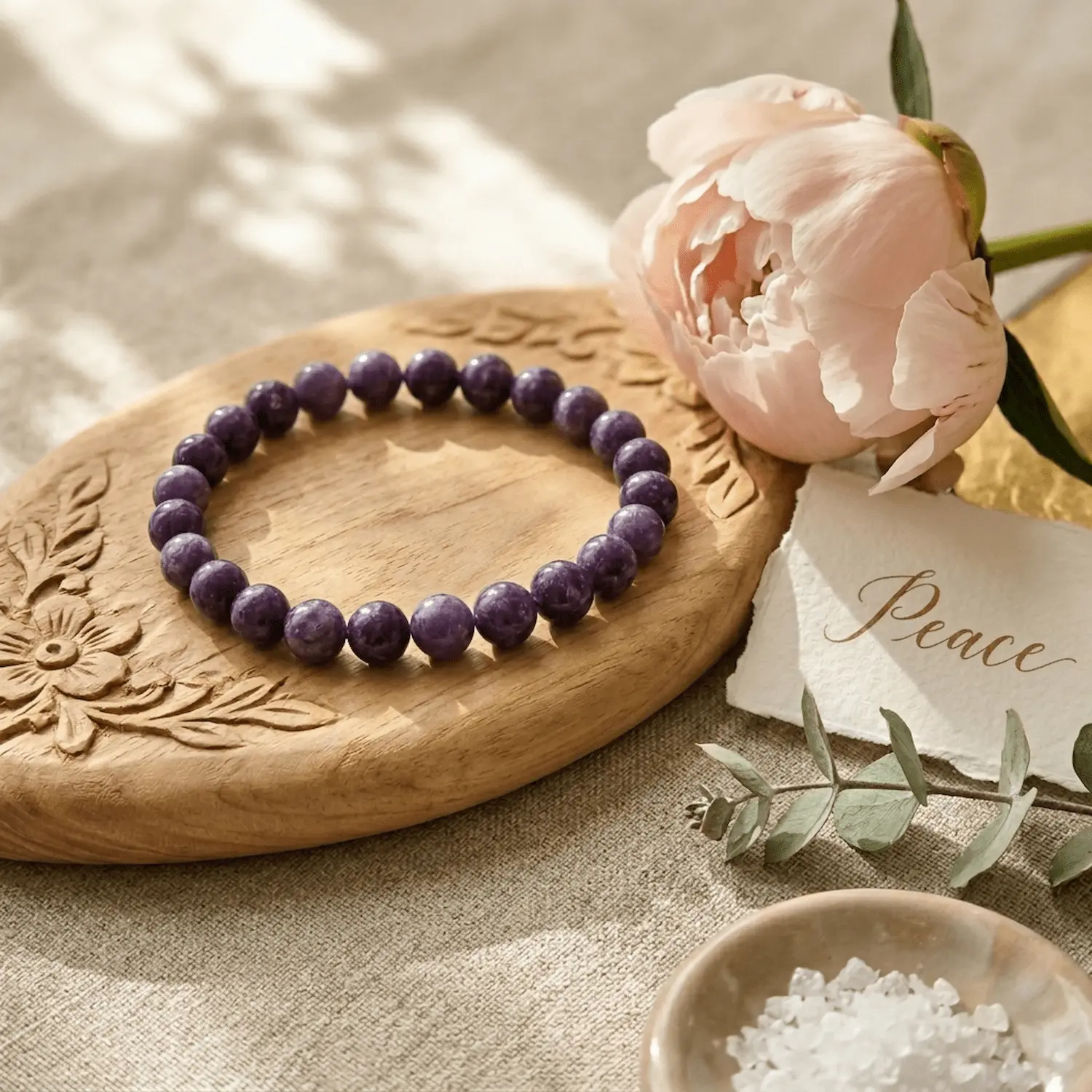 Lepidolite crystal bracelet 8mm styled with soft decor and calming elements