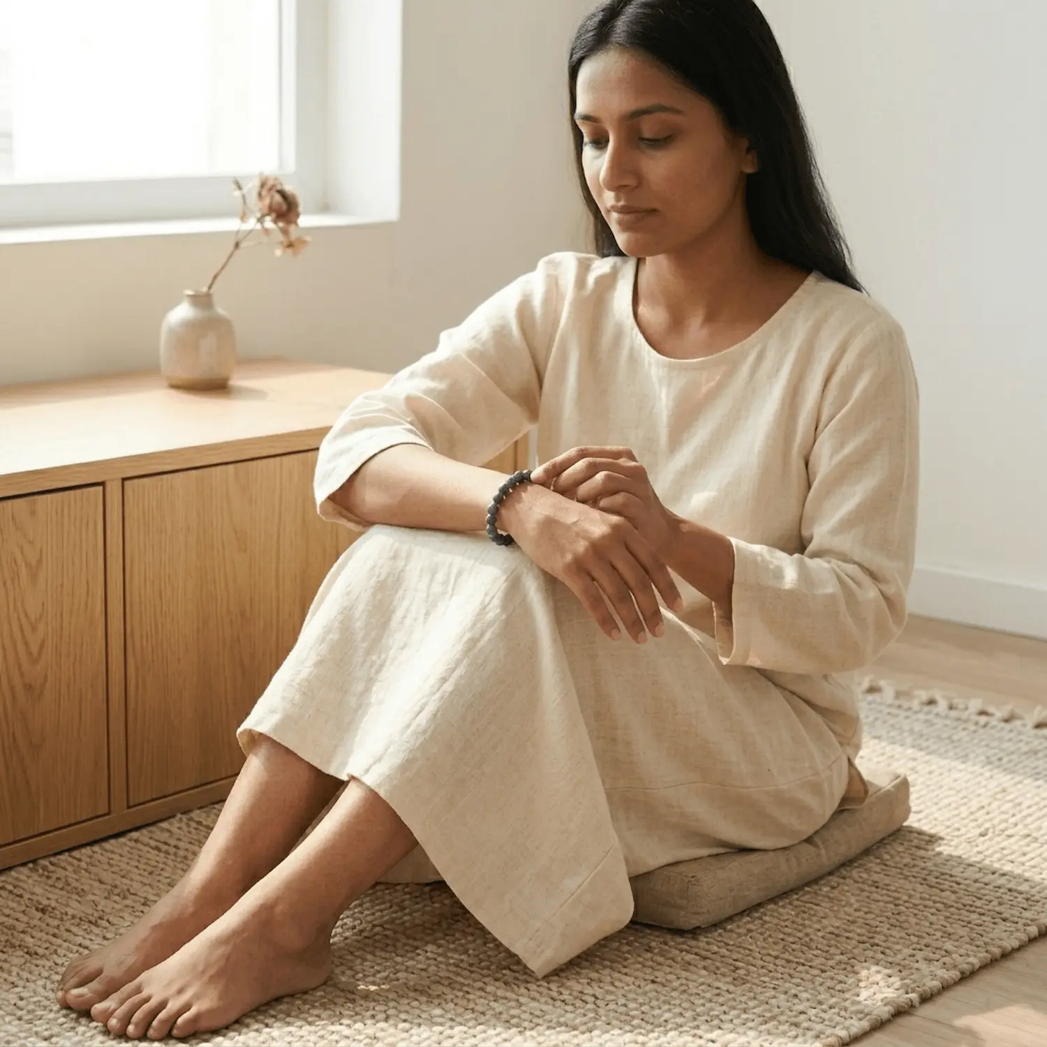 Person wearing 8mm lepidolite crystal bracelet in a peaceful indoor setting