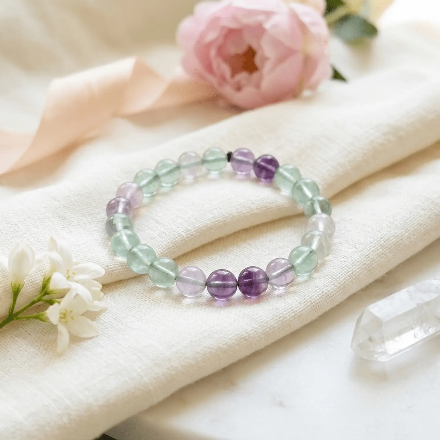 8mm Multicolored fluorite crystal bracelet styled with soft fabric, flowers and crystal decor