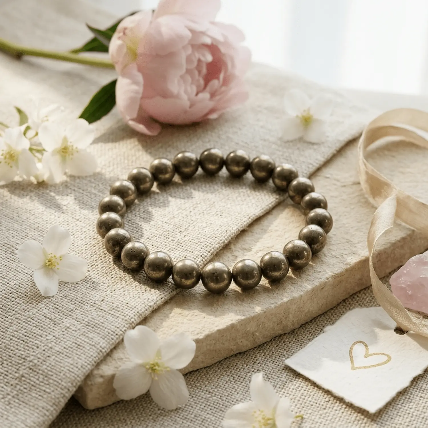 Pyrite crystal bracelet styled with soft fabric flowers and crystal decor