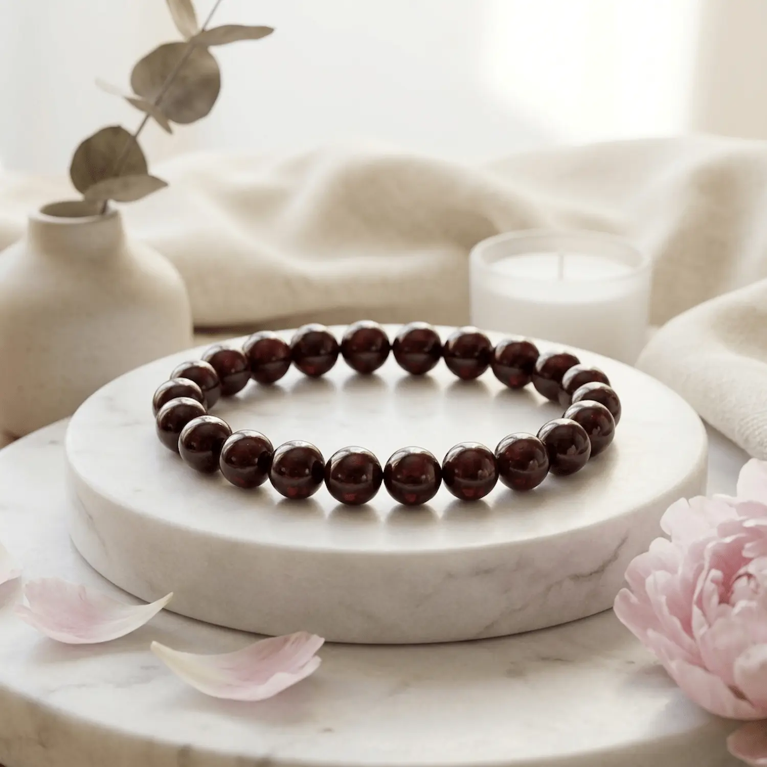 8mm Red garnet crystal bracelet styled on marble surface with soft decor and flowers