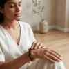 Woman wearing a 8mm red garnet crystal bracelet with deep wine red polished beads