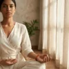 Woman wearing Red Jasper crystal bracelet during meditation symbolizing grounding, strength and emotional stability