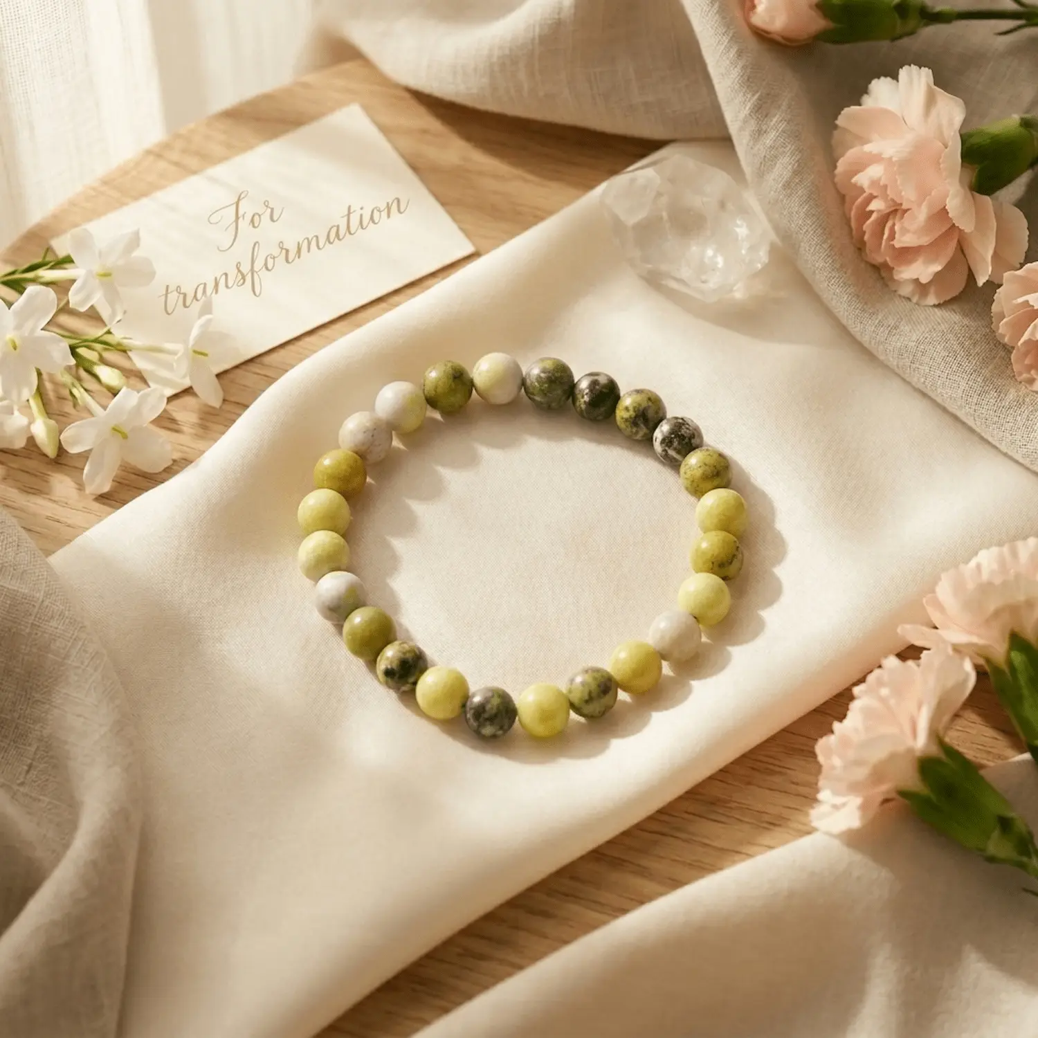 Serpentine crystal bracelet styled with soft fabric, flowers and natural elements highlighting soothing green tones
