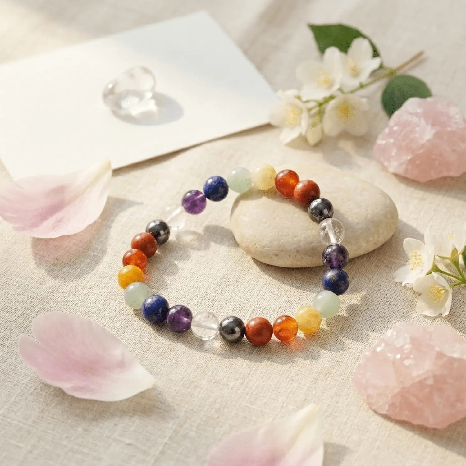 Seven chakra crystal bracelet styled with rose quartz and soft aesthetic elements