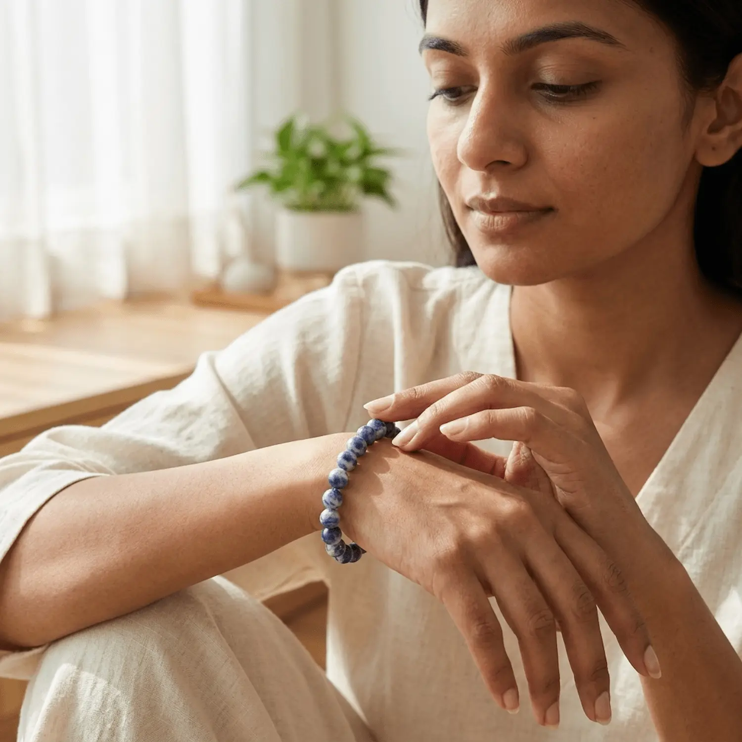 Woman wearing Sodalite crystal bracelet in a calm indoor setting symbolizing clarity, focus and emotional balance