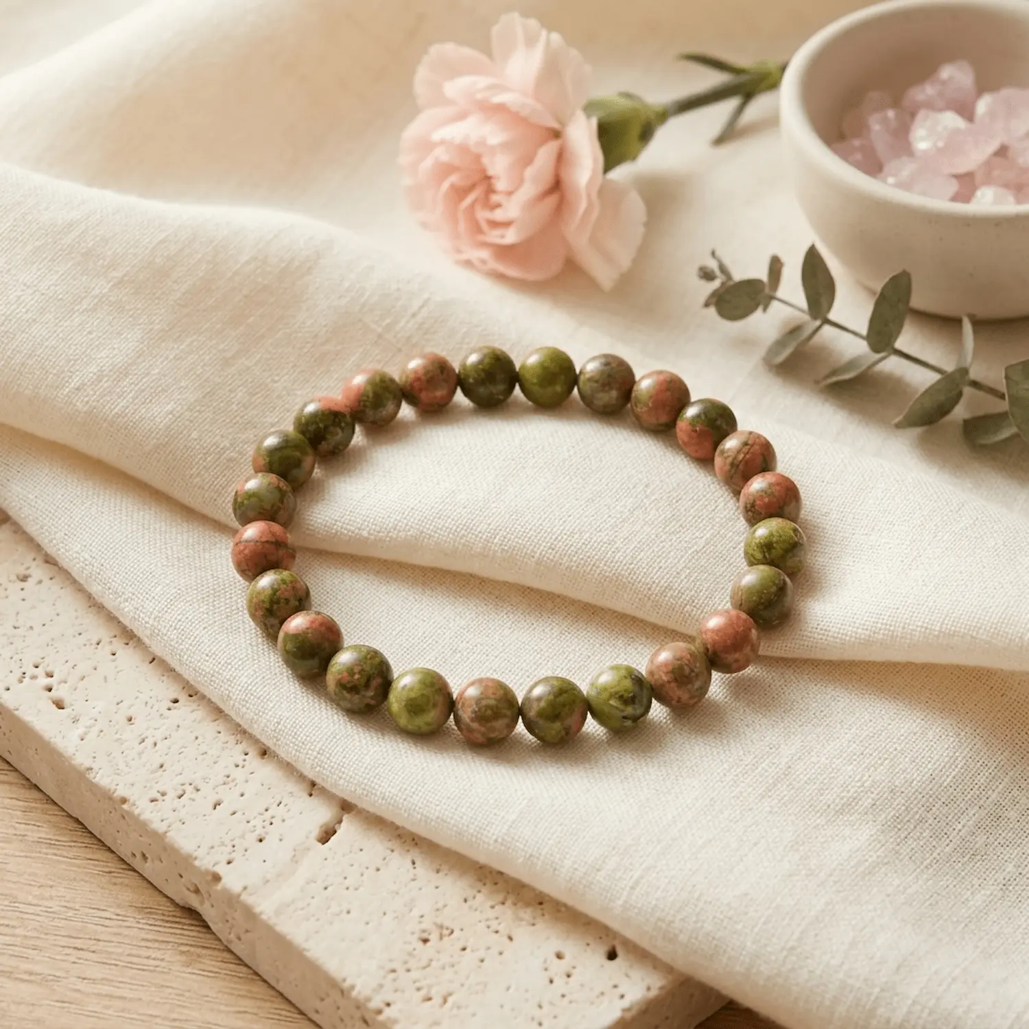 Unakite crystal bracelet styled with soft fabric, flowers and crystals showcasing natural green and pink tones