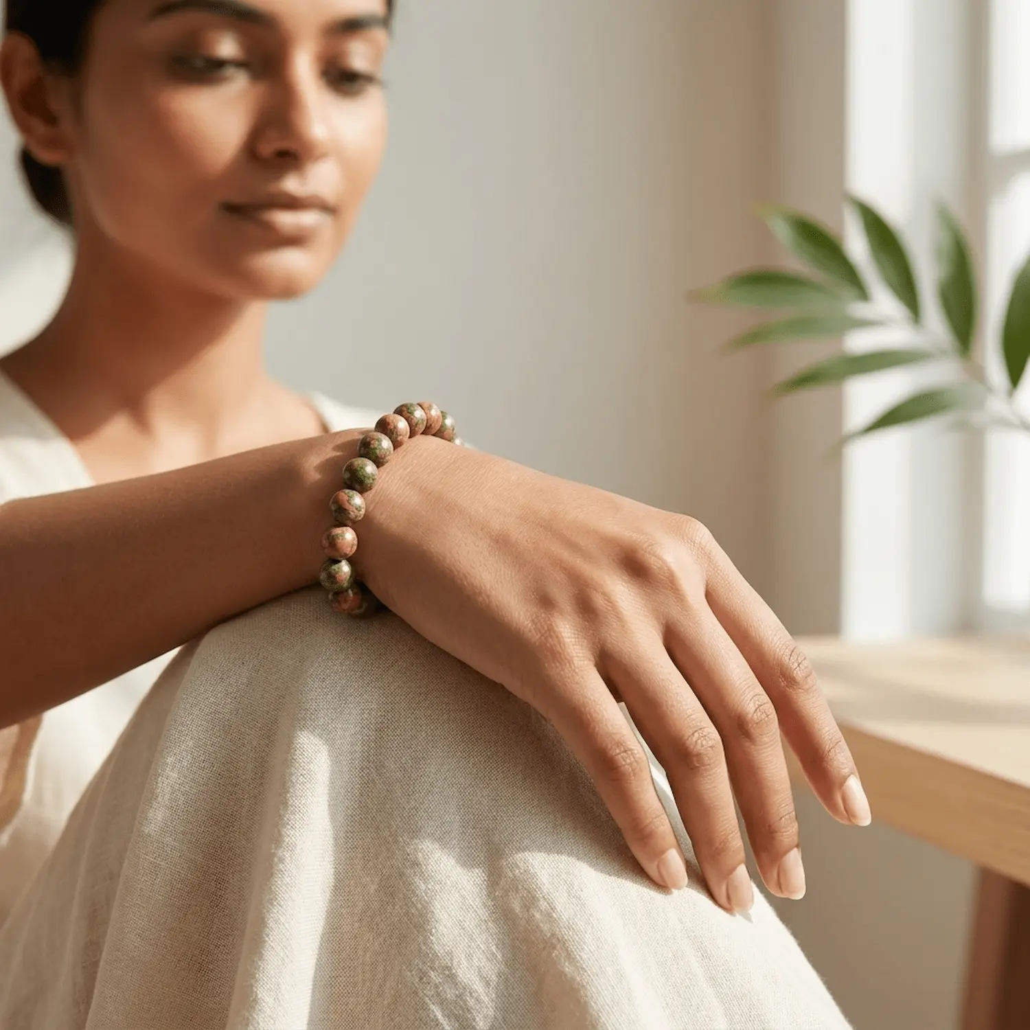 Woman wearing Unakite crystal bracelet in a calm indoor setting highlighting emotional balance, healing and grounding energy