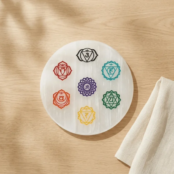 Round selenite plate with seven chakra symbols for crystal healing