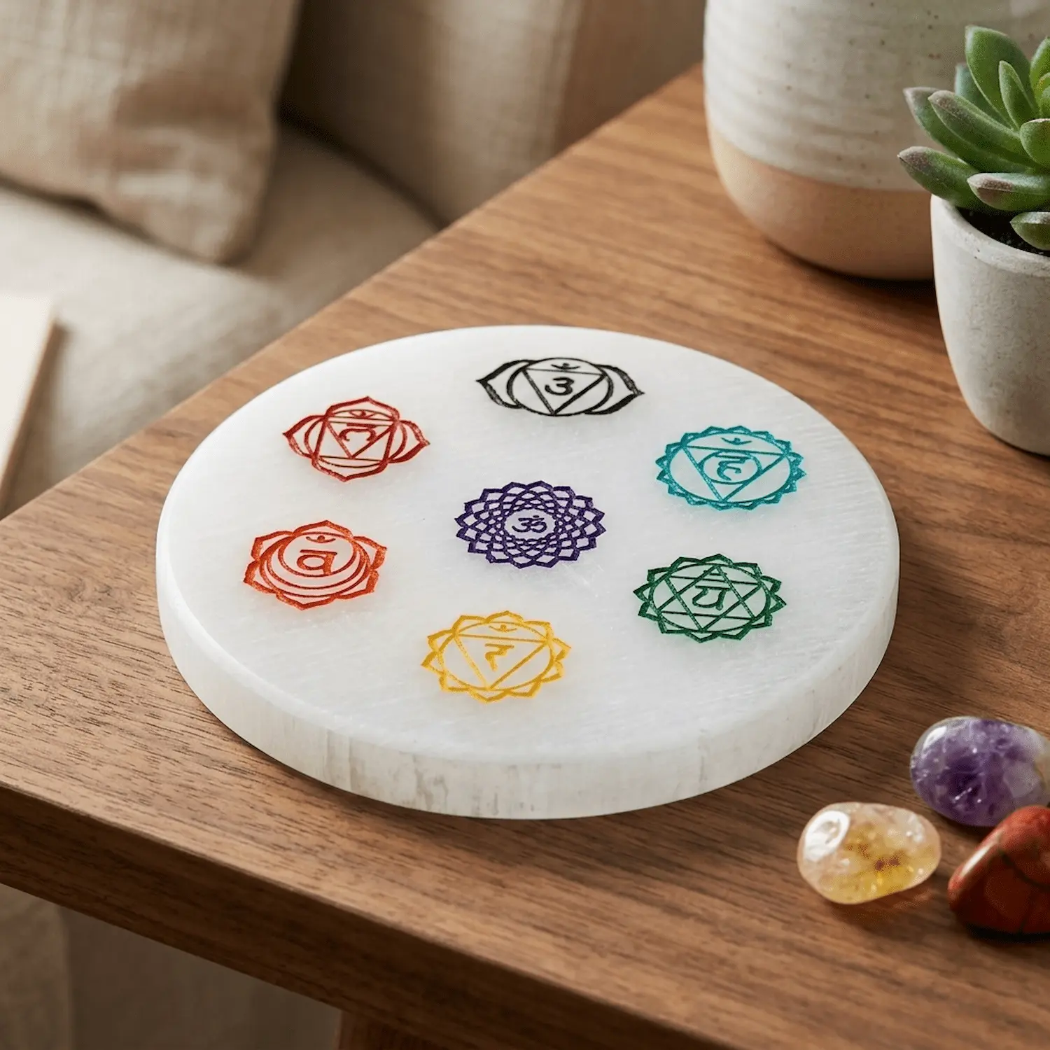 Round selenite plate with seven coloured chakra symbols on a wooden surface