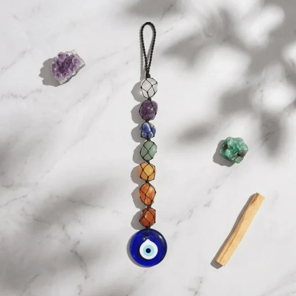 7 Chakra tumble stone hanger with Evil Eye styled with crystals and Palo Santo